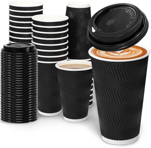 BYSNOW 100 Pack 16 oz Coffee Cups with Lids, Disposable Insulated Hot Cups To Go Paper Coffee Cups, Corrugated Ripple Wall Cup for Hot Drink, Office, Coffee Bar (Black 16 oz)
