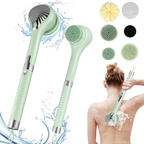 Elektrische Rückenbürste Dusche,Ip67 Elektrische Badebürste Mit Langem Stiel,360°Drehung,6 Bürstenköpfe,3 Geschwindigkeiten,Elektrische Körperbürste Für Peeling,Gegen,Cellulite,Massage,Durchblutung