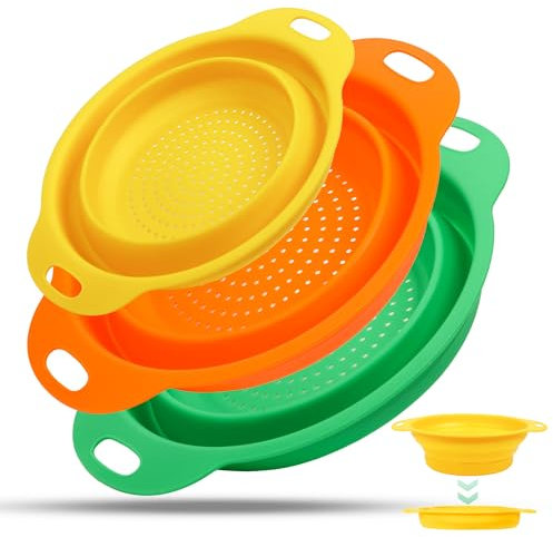 SKERITO Silikon Nudelsieb Faltbar Sieb Küche Abtropfsieb mit Griff Sieb Seiher Set für Draussen Camping Küche Abtropfen von Nudeln Gemüse Obst 3 Stück
