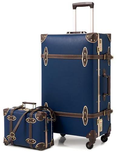 Urecity Koffer Vintage mit 4 Rollen Trolley Koffer Reisekoffer Leicht Retro Hartschalen Koffer 2-Teilig mit 12 Zoll Kleines Köfferchen (Blau, S(12)+M(20))