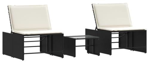 Makastle 2er-Set Gartenliege, Sonnenliege mit Kissen und Tisch, Wetterfest Verstellbar Rückenlehne Liegestuhl Garten Relaxliege, Schwarz Poly Rattan