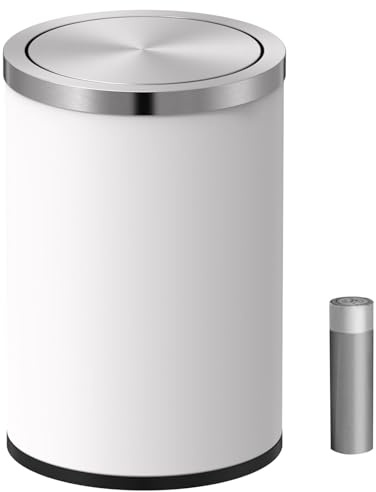 Mbillion Cubo de basura pequeño con tapa oscilante de 9 litros, mini cubo de basura con tapa, cubo de basura cilíndrico de acero inoxidable para el hogar y la oficina, para suelo y escritorio (blanco)
