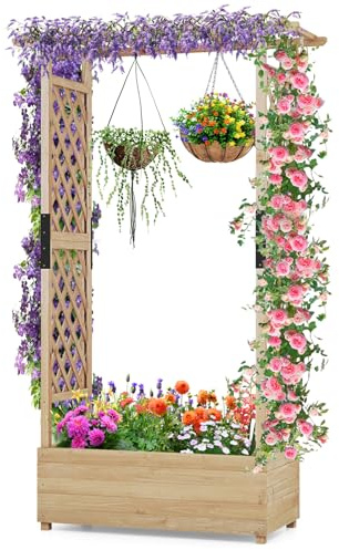 RELAX4LIFE Jardinière Surélevée avec Treillis Latéral & Supérieur, Jardinière sur Pied avec Treillis&Trous de Drainage, Conteneur de Plantes Vertical Pourvignes Grimpantes, Naturel