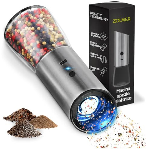 Zolmer® GRAVITY Macina Pepe Elettrico ad una mano e luce integrata – 1 Set con Batterie Ricaricabili, Macinatura Regolabile per Spezie varie, macina Sale o Pepe – Robusto e Compatto