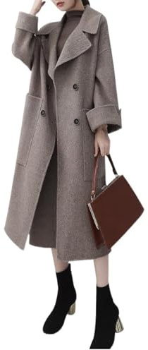 FM2018XSL Cappotto di Lana Donna Invernale Elegante Trench Lungo Doppiopetto Calda Giacca di Lana con Tasche (IT, Testo, L, Regular, Regular, caffè)