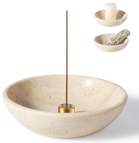 Koville Natural Travertine Incense Holder, Incense Holder for Sticks with 9 Holes, Handmade Incense Burner Ash Catcher for Meditation Yoga SPA, Balsam Fir/Palo Santo/Sage/Cone Incense Holder(Beige)