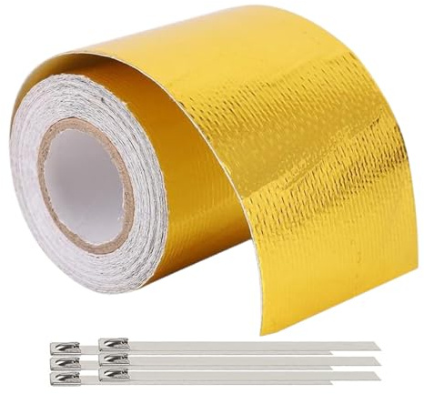 Nastro di scappamento termico, 10 m x 5 cm, autoadesivo con 6 fascette stringicavi, pellicola resistente al calore, per auto, moto, colore oro