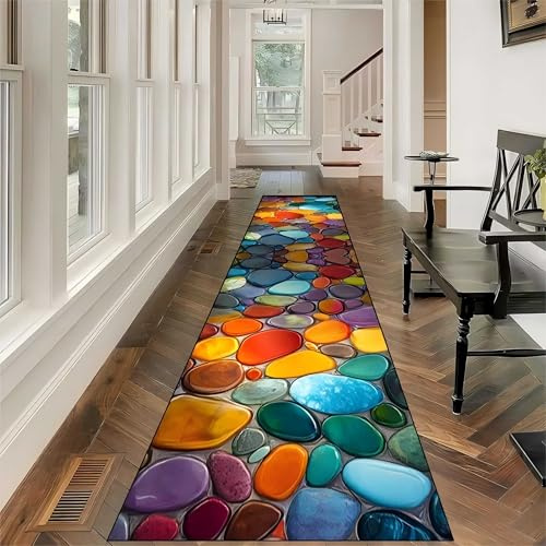 Stone Runner Hallway Rug, 60x200cm Colorful Pebble Creative Art Decor Rugs, Soft Durable Washable Kitchen Mat for Entryways Offices, Abstract Beautiful 3d Runner Rugs for Living Rooms Bedrooms