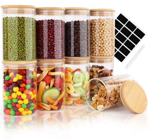 Otauoaea 9pcs Tarros de Cristal con Tapa, 9x 500ml Frascos de Vidrio Herméticos, Botes de Cristal con Tapa de Bambu para Almacenaje Cereales, Harina, Merienda