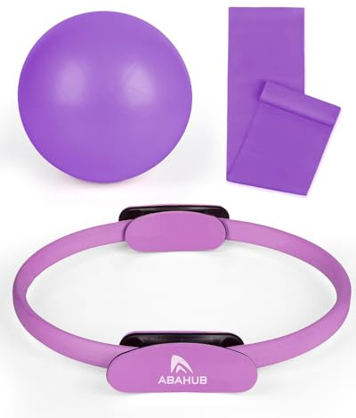 Abahub Pilates ringset, 35 cm magisk cirkel, 25 cm miniboll, stretchband, Home Pilates utrustning, för kvinnor motionsträning, för styrka, flexibilitet, stabilitet och kroppsåtstramning, lila set