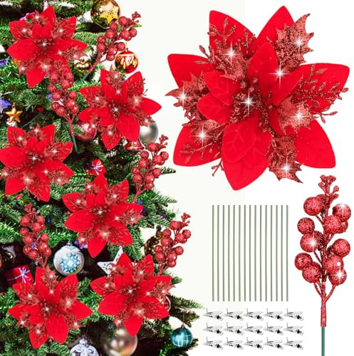 SelfTek Red Christmas Tree Decorations - 15 Pcs Poinsettia Artificial Flowers and 15 Pcs Glitter Holly Berry Stem for DIY Xmas Tree Wreath Christmas Garland Decorations, Red