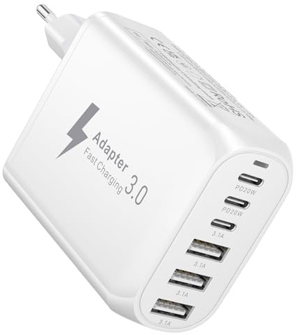 Cargador USB C, 60W 6 Puertos USB C Enchufe Cargador iPhone Carga Rapida PD&QC3.0, Enchufe Multiple Pared Adaptador Cargador Movil Carga Rapida para iPhone 17 16 16e 15 14 13 12 11 Pro XS, Samsung S25