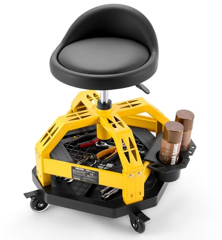VEVOR Tabouret d'Atelier à Roulettes, Tabouret de Mécanicien Roulant Charge 150 kg Réglable en Hauteur, pour Garage Auto, Siège d'Atelier Rembourré avec Dossier et Rangement pour Outils, Noir et Jaune