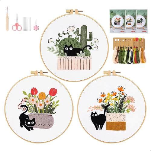 chituodian Embroidery Kit de Bordado Principiantes, Kits 3 Juegos de Bordar a Mano para Adultos con Tela de Patrón Motivo de Floral Gato, Aro, Hilo y Agujas Manualidades para Proyectos de Arte