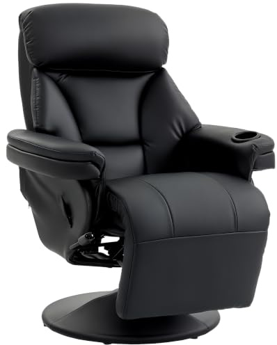 HOMCOM Manual Recliner Chair with Footrest Adjustable Backrest Black | Upholstered Reclining Armchair, Cup Holder, PU Leather Swivel, Living Room, Bedroom