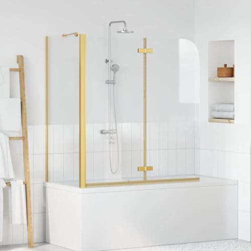 Ziaphsol Paraguas de ducha dorado 120 x 68 x 130 cm, cristal de seguridad de aluminio, protección contra salpicaduras para bañera, mampara de ducha como puerta de ducha corredera, puerta plegable