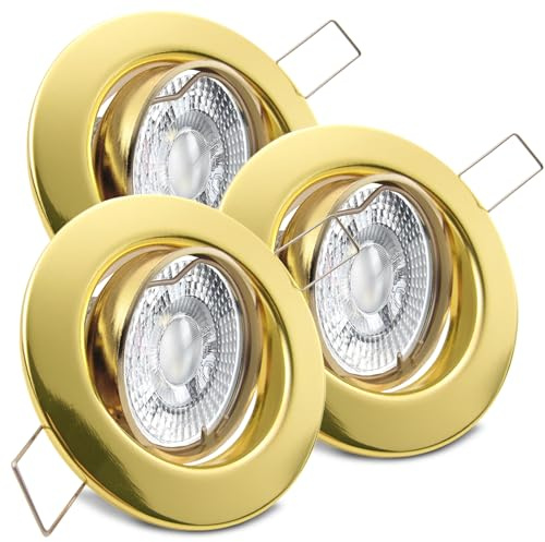 trendlights24 Decora LED Einbaustrahler 230V Gold Messing rund 3-Stufen dimmbar extra flach 35mm, 3er Set Warmweiß 5W, Einbauleuchten schwenkbar