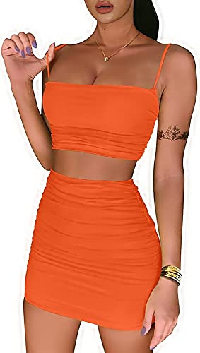 Zesoyne Womens 2 Piece Outfits Spaghetti Strap Ruched Cami Crop Tops Summer Bodycon Short Mini Skirt Dress Set Clubwear Medium Neon Orange