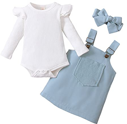 Zukmuk Gonne e Top da Bambina Pagliaccetto a Maniche Lunghe con Volant + Gonna con Bretelle, Blu, 70 (0-3 Mesi)