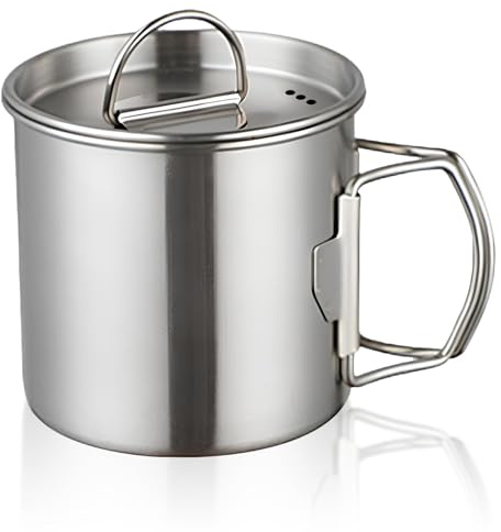 HERCHR 350/500ML Stainless Steel Camping Cup, Camping Water Kettle with Foldable Handles and Lid Hatterproof Insulated Campfire Water Coffee Mug for Backpacking Hiking Travel and Daily Use (350ML)