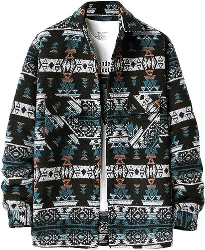 Hombres Chaqueta de Franela de Doble Bolsillo de Manga Larga Regular Fit Camisa Azteca Impreso Vintage Casual Botón Chaqueta Retro Ligero (Azul Marino,3XL)