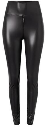 Leggings da donna in ecopelle con cerniera a due vie sul cavallo, elasticizzati, leggings in pelle opaca, pantaloni in similpelle, Nero, XXXXL