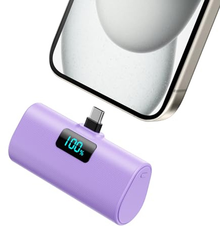 Mini Powerbank 5200mAh, Klein Power Bank USB C PD Externer Akku, Compact LCD Digitalanzeige Akkupack Kompatibel mit iPhone 15/16/17 Serie, Samsung S25/24 Serie, Note, Huawei, iPad-Violett