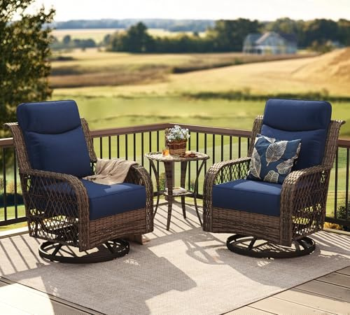 PIZZELLO Outdoor Swivel Chairs 3 Piece Wicker Rocking Chairs Set Patio Furniture Set with Rattan Side Table Rocker Bistro Sets for Outside Porch Backyard (5 Thick Cushions and 25 Full Support Back)