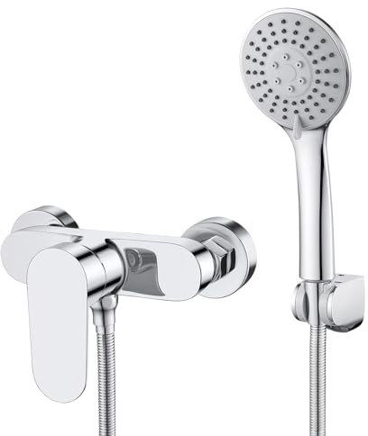 Rehomthy Mitigeur Douche avec Douchette, Robinet Douche Mural, Mitigeur de Douche monocommande avec Douchette 3 Jets et Flexible 1.5m, Chromé