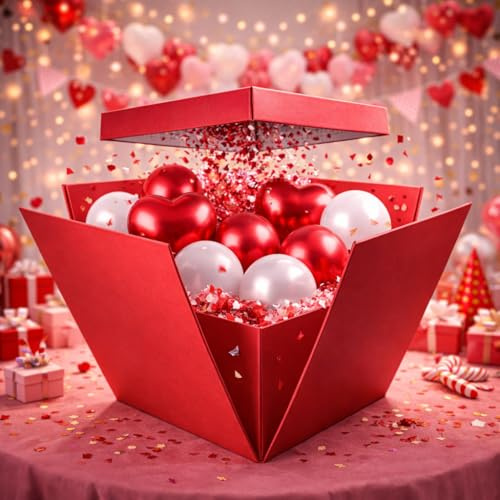 Chianese Scatola Regalo a Sorpresa Box Surprise per Palloncini 50x50x50 cm Rossa | Scatola San Valentino, Anniversari e Proposte di Matrimonio | Explosion Box per Festa di Laurea e Compleanni