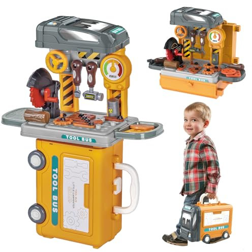 JONRRYIN Werkzeugkoffer Kinder Werkzeug, 59 Stück Werkbank Kinder Set, Werkzeugkasten Werkzeug Spielzeug Rollenspiel Lernspiel Geschenk für Kinder (Gelb)
