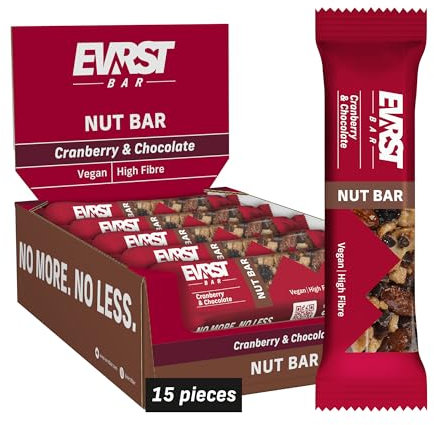 EVRST Nut Bar Cranberry And Chocolate 15 x 35g Bars, 182 kcal Per Bar, Gluten Free, High Fibre, Free From Palm Oil, Without Artificial Flavours and Colours, Natural Protein