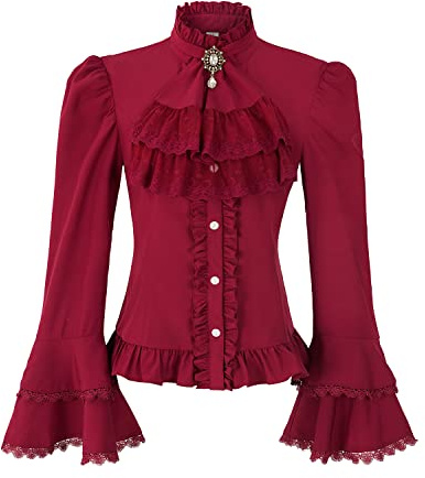 Viktorianische Bluse für Damen, Gothic-Stil, Piratenhemd, Renaissance-Bluse, Vintage, langärmelig, Lotus-Rüschenhemd, Rot/Ausflug, einfarbig (Getaway Solids), XX-Large