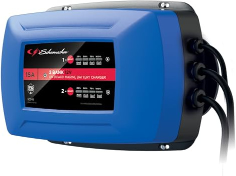 Schumacher Electric SC348-15A Cargador para 2 Baterías 12V Simultáneamente - Barco, Furgoneta, Caravana - Carga Inteligente - Pantalla Digital