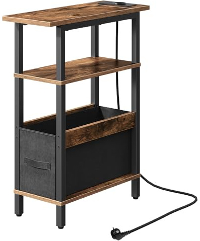 MAHANCRIS Beistelltisch mit Ladestation, Nachttisch mit Herausnehmbarer Schublade, Kleiner Couchtisch für begrenzten Platz, Schlafzimmer, Wohnzimmer, Büro, Rustikales Braun und Schwarz AETHR125UE01