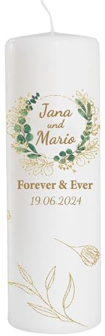 Bougie de mariage personnalisée avec nom et date comme décoration de table. Décoration de table mariage en cadeau. Jolie bougie fleurs d'eucalyptus Durée de combustion : 45 heures, Ø 7,8 x H 25 cm