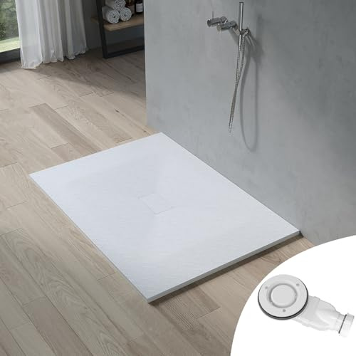 AQUABATOS SMC Duschwanne 140x100 cm Weiß Eckig Quadratisch Duschtasse Duschbecken Brausewanne Brausetasse Rutschfest Bodengleich Ebenerdig Steinoptik Schieferoptik mit Siphon/Ablaufgarnitur