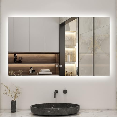 AICA Miroir Salle de Bain rectangulaire 90 x 70cm, 3 Couleurs + dimmable + Anti-buée + mémoire, Miroir Lumineux LED