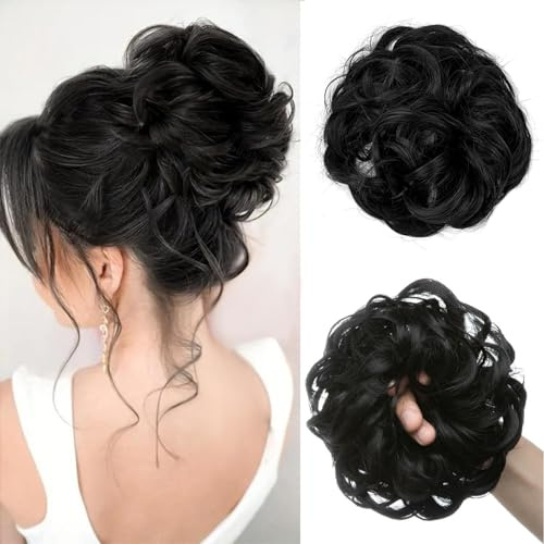 Mtuihfo Messy Bun Hair Piece, Wavy Curly Messy Bun Scrunchie, Thick Tousled Hair Pieces for Women Girl(Black)