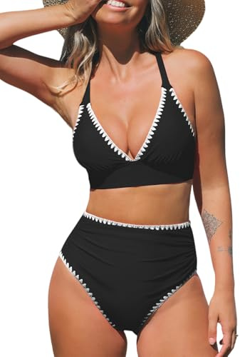 CUPSHE Bikiniset för kvinnor hög midja baddräkt djup V-hals korsad rygg knytsöm rynkad full täckning, Svart, L
