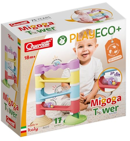QUERCETTI 86515 Migoga Tower Sound Eco, Pista Biglie per Bambini 18m+, Gioco Educativo con 3 Biglie Sonore, Stimola Coordinazione e Motricità Fine, Materiali Ecologici e Sicuri, Giocattolo Montessori