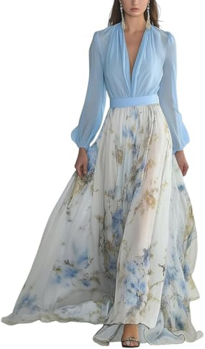 Minetom Robe De Soirée Femme Chic Longue Col V À Fleur Mousseline Manches Longue Maxi Dress Plage D'Été Cocktail Mariage Robe De Demoiselle d'honneur A Bleu L