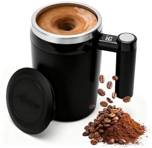 LOMUG Selbstrührende Kaffeetasse mit Temperaturanzeige, 380ML Automatischer Magnetischer Rührbecher aus Edelstahl, Wiederaufladbar Elektrischer Kaffeebecher für Kaffee Milch Heiße Schokolade (Schwarz)
