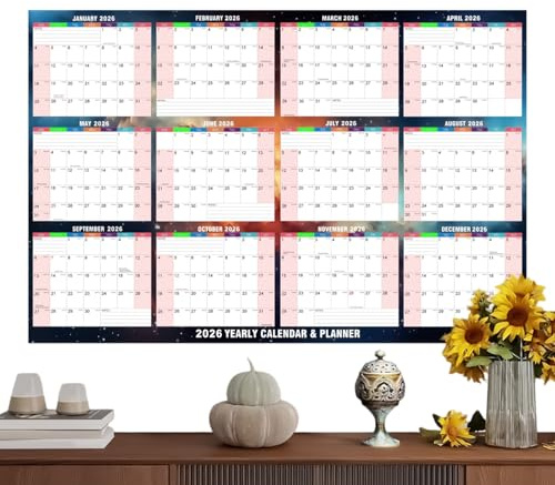 Calendario anual 2026 - 86 x 61 cm Planificador lavable en en ambos lados, planificador anual 2026, calendario de pared - para lectura, salud, estudios mentales, tareas escolares, entrenamiento