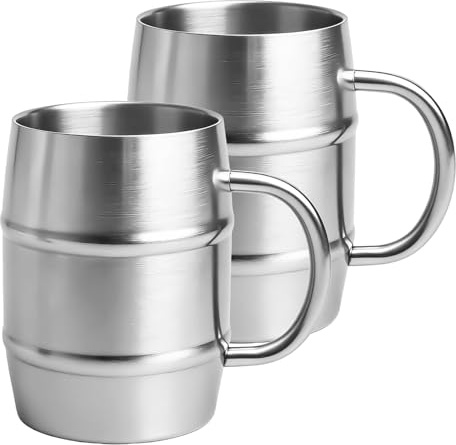 BORDEAG Lot de 2 gobelets isothermes en acier inoxydable - 500 ml - Double paroi - Avec poignée - Chope à bière en acier inoxydable - Pour le quotidien et les activités de plein air - Argenté