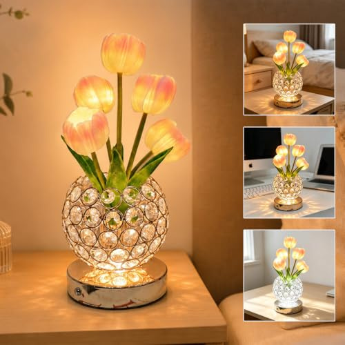 PHOEWON Lámpara de Mesa LED con Tulipanes de Cristal, 3 Colores
