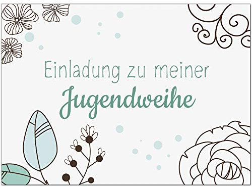 10 x Einladungskarten zur Jugendweihe mit Umschlag/Türkis florales Blumenmuster/Jugendweihekarten/Einladungen zur Feier