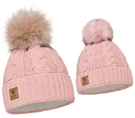 ELIMELI Eltern-Kind Mütze Mädchen Warme Wintermütze für Mutter und Tochter Mütze Damen Winter mit Kunstfell Bommel Slouch Strick Beanie Damen Bommelmütze Kinder Mama und Baby Cap Set 1 (Rosa)