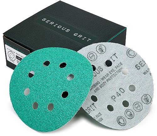 Serious Grit Sanding Discs 5 Inch 8 Hole 40 Grit - Heavy-Duty Hook & Loop Wet Dry Film Sandpaper Discs - Extra Coarse Sand Paper for Random Orbital Sanders - Wood, Automotive, Metal, etc - 25 Pack Box