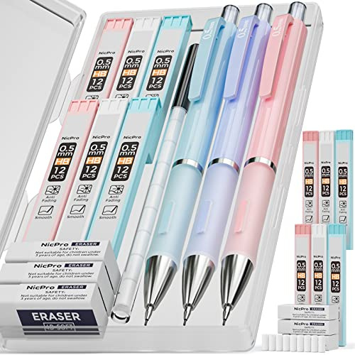 Nicpro 3 Pièces Pastel Porte-Mines 0.5 mm, Art Mignon Crayon Mécanique Criterium avec 6 Tubes HB Mines, Gommes, Trousse pour Enfant étudiant Dessin Esquisse écriture